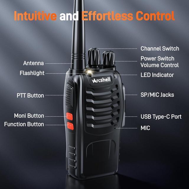 Alt view image 2 of 5 - Arcshell Rechargeable Long Range Two-Way Radios with Earpiece 4 Pack Arcshell AR-5 Walkie Talkies Li-ion Battery and Charger Included