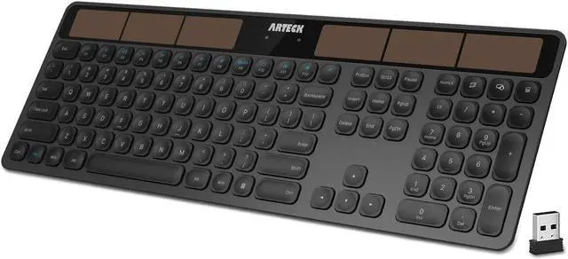 Main image of Arteck Wireless Solar Keyboard Full Size Solar Recharging Keyboard for Computer/Desktop/PC/Laptop/Surface/Smart TV and Windows 10/8 / 7 / Vista/XP Built in Rechargeable Battery