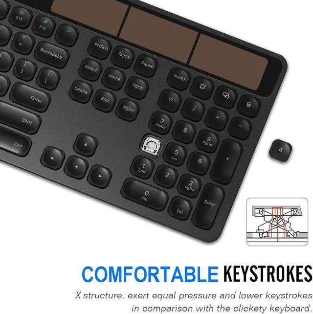 Alt view image 4 of 5 - Arteck Wireless Solar Keyboard Full Size Solar Recharging Keyboard for Computer/Desktop/PC/Laptop/Surface/Smart TV and Windows 10/8 / 7 / Vista/XP Built in Rechargeable Battery