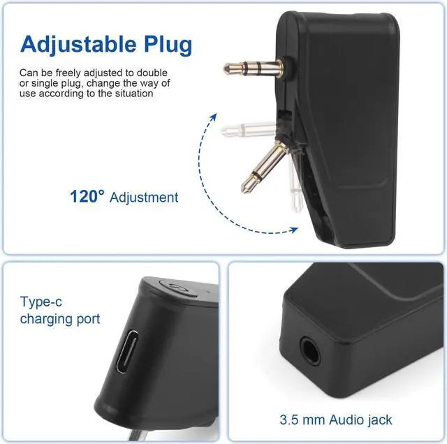 Alt view image 3 of 5 - Asobilor Bluetooth 5.3 Adapter for Wireless/Wired Headphones, 2 in 1 Airplane Bluetooth Adapter with 3.5mm Aux Jack Compatible with Airplane/Home TV/Gym/Boats/Car, Foldable Single/Double Gold Plug