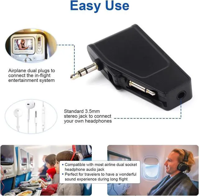 Alt view image 5 of 5 - Asobilor Bluetooth 5.3 Adapter for Wireless/Wired Headphones, 2 in 1 Airplane Bluetooth Adapter with 3.5mm Aux Jack Compatible with Airplane/Home TV/Gym/Boats/Car, Foldable Single/Double Gold Plug