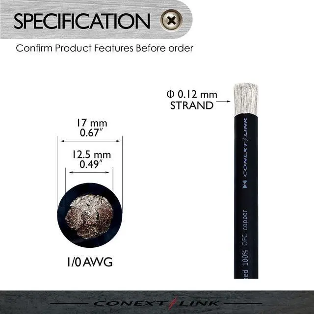 Alt view image 3 of 5 - Conext Link 15 FT 1/0 AWG 0 GA Full Gauge Battery Power Cable Ground Wire Frost Black OFC Copper 10032