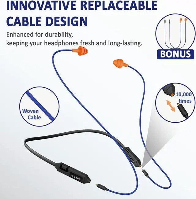 Alt view image 4 of 5 - CUZABE Bluetooth Earplug Headphones for Work, Neckband Wireless Ear Plugs Earbuds, 29 dB Noise Reduction Ear Protection with Replacement Ear Tips, 30 Hour Battery, OSHA Compliant for Industrial Safety