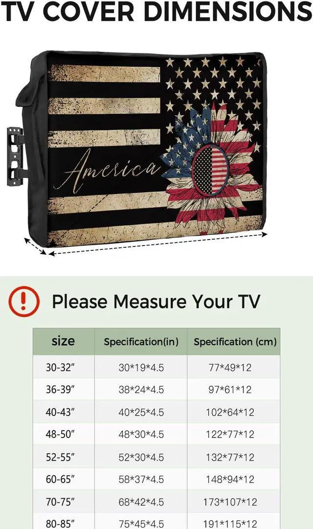 Alt view image 2 of 5 - Outdoor TV Cover 40 to 43 Inches Weatherproof & Waterproof, Sunflower American Flag Outdoor TV Enclosure with Remote Control Pocket, Farmhouse Black White Striped TV Screen Protectors for Outside TV