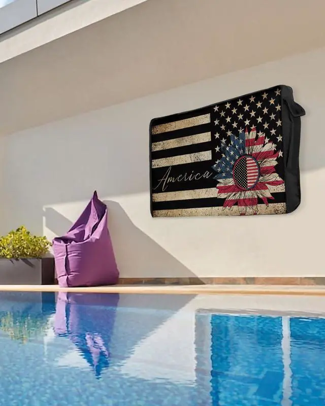 Alt view image 5 of 5 - Outdoor TV Cover 40 to 43 Inches Weatherproof & Waterproof, Sunflower American Flag Outdoor TV Enclosure with Remote Control Pocket, Farmhouse Black White Striped TV Screen Protectors for Outside TV