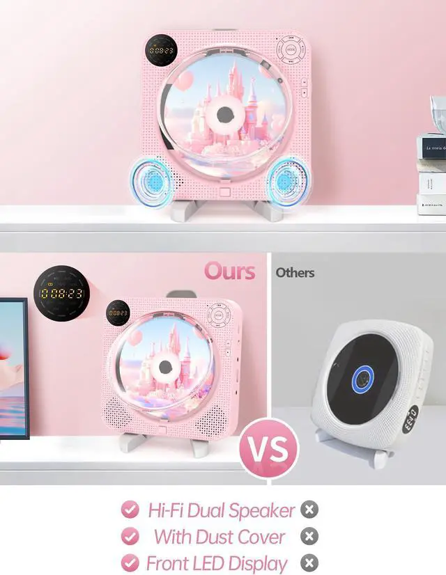 Alt view image 5 of 5 - Portable Bluetooth CD Player with Speakers - Small Wall CD Player for Home with Remote Control FM Radio Digital Screen Headphone Jack,Support AUX in Cable&USB,Pink Kpop Player