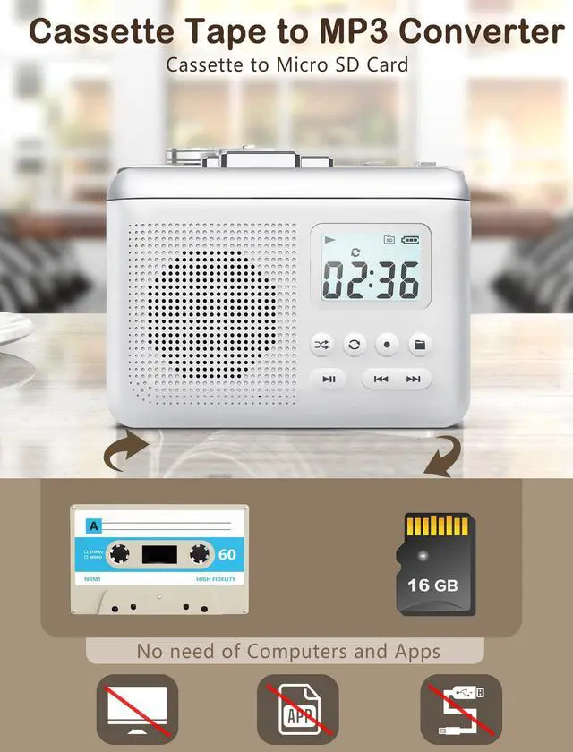 Alt view image 2 of 5 - Gracioso Portable Cassette Player Recorder Converter,Cassette to MP3 via SD Card, Walkman Cassette Tape Player with 1000mah Rechargeable Battery,Built-in Microphone&Speaker,Headphone Jack,16GB SD Card