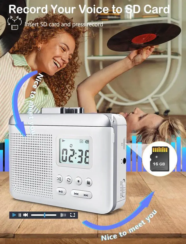 Alt view image 4 of 5 - Gracioso Portable Cassette Player Recorder Converter,Cassette to MP3 via SD Card, Walkman Cassette Tape Player with 1000mah Rechargeable Battery,Built-in Microphone&Speaker,Headphone Jack,16GB SD Card