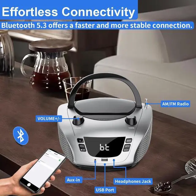 Alt view image 3 of 5 - LONPOO Radios Portable AM FM, Portable CD Player Compatible CD-R/RW/WMA and MP3, CD Radio with Bluetooth 5.3, Boombox CD Player with Speakers, USB Player, AC/Battery Powered CD Players for Home