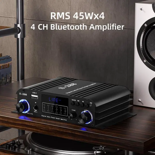 Alt view image 4 of 5 - Facmogu S-288 4 CH Bluetooth 5.0 Home Audio Amplifier, RMS 45Wx4, Max 600W HiFi Stereo Power Amplifier USB, SD, FM Class D Speaker Amp for Home Theater Karaoke, with Power Adapter & Remote Control