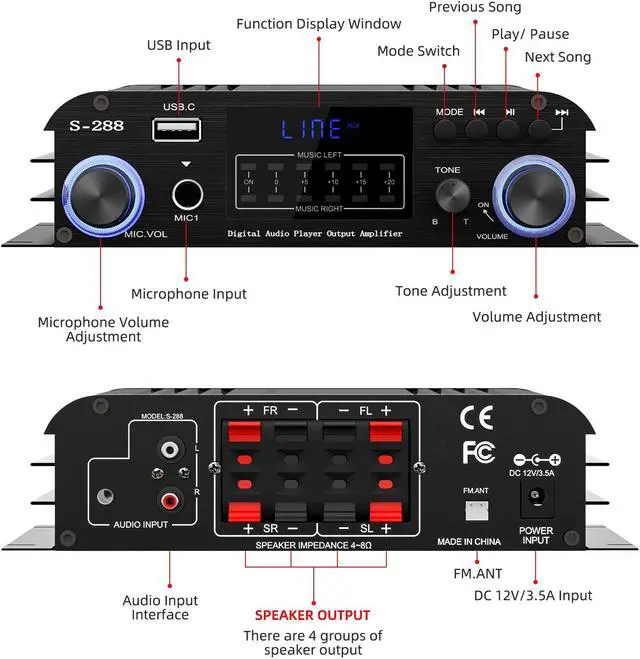Alt view image 3 of 5 - Facmogu S-288 4 CH Bluetooth 5.0 Home Audio Amplifier, RMS 45Wx4, Max 600W HiFi Stereo Power Amplifier USB, SD, FM Class D Speaker Amp for Home Theater Karaoke, with Power Adapter & Remote Control