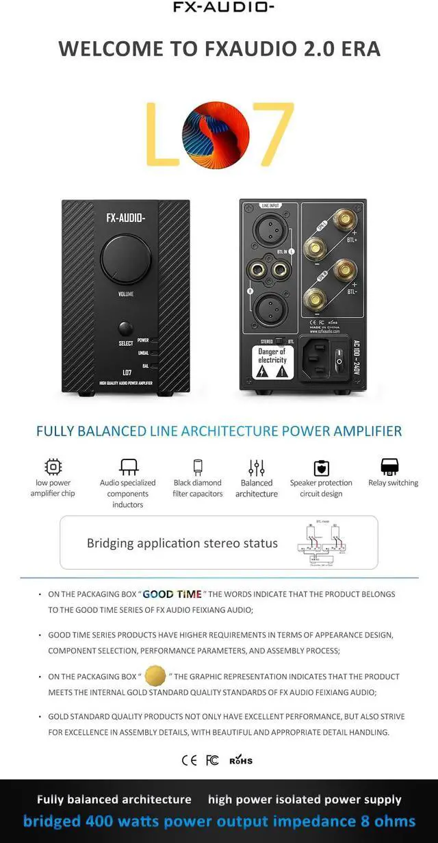 Alt view image 2 of 5 - FX-Audio- L07 Stereo Audio Amplifier 200W x2 MA5332MS 2 Channel Class D Power Amp Bridgeable BTL 400W Hi-Fi Fully Balanced Amp for Passive Bookshelf Desktop Speakers Home Theater
