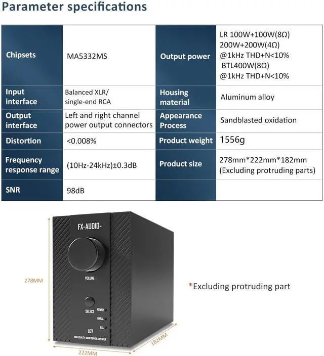 Alt view image 4 of 5 - FX-Audio- L07 Stereo Audio Amplifier 200W x2 MA5332MS 2 Channel Class D Power Amp Bridgeable BTL 400W Hi-Fi Fully Balanced Amp for Passive Bookshelf Desktop Speakers Home Theater