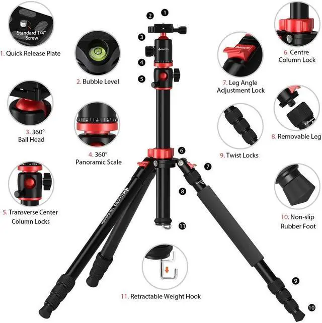 Alt view image 5 of 5 - GEEKOTO Aluminum Camera Tripod with 360-Degree Ball Head and Rotatable Center Column, for DSLR and Video Camcorder, 75-Inch Professional Tripod for Travel and Work