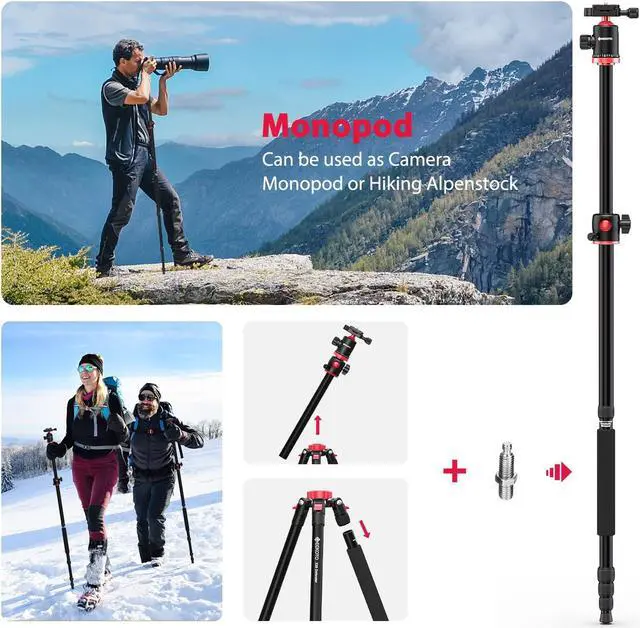Alt view image 4 of 5 - GEEKOTO Aluminum Camera Tripod with 360-Degree Ball Head and Rotatable Center Column, for DSLR and Video Camcorder, 75-Inch Professional Tripod for Travel and Work