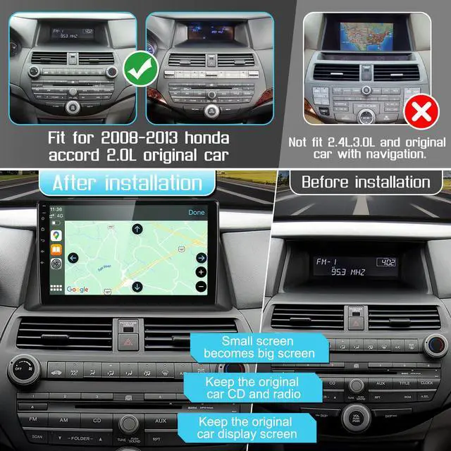 Alt view image 3 of 5 - Car Radio Stereo for Honda Accord 8th 2008 2009 2010 2011 2012 2013, 10 inch Touchscreen GPS Navigation, Wireless CarPlay/Android Auto, IPS Touchscreen, Bluetooth, FM/RDS Radio, 2GB RAM 64GB ROM