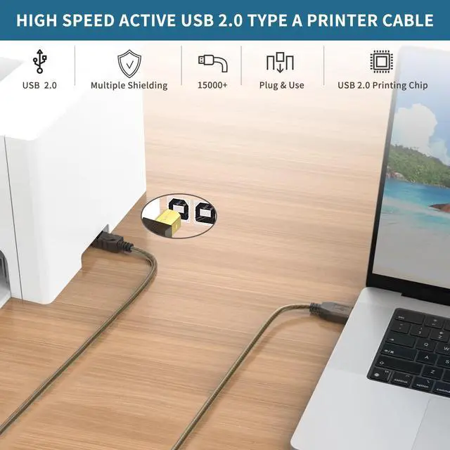 Alt view image 2 of 5 - GOSYSONG Printer USB Cable 100ft, USB 2.0 Type A to Type B Printer Cord, High Speed Active USB 2.0 Type B Printer Cable,Printer USB Cable Compatible with HP, Canon, Dell, Epson, Xerox
