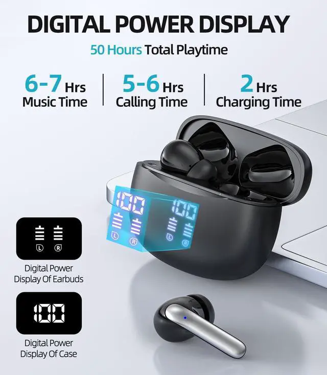 Alt view image 3 of 5 - Wireless Earbuds Bluetooth 5.3 Headphones 50H Stereo Earphones with ENC Dual Mic Clear Calls, Noise Cancelling Ear Buds with LED Display Charging Case, IPX5 Waterproof Sport Headset for Phone TV