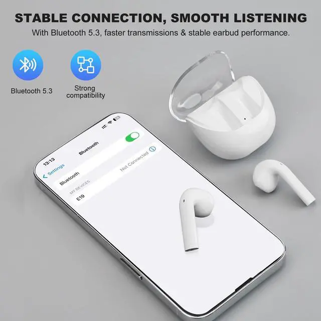 Alt view image 5 of 5 - Wireless Headphones Bluetooth 2024, 50H Playtime Deep Bass Earpods, Waterproof Earphone, Semi-in-Ear Headphone with Mic, Wireless Bluetooth Earbuds for Android/iPhone/Samsung (White)