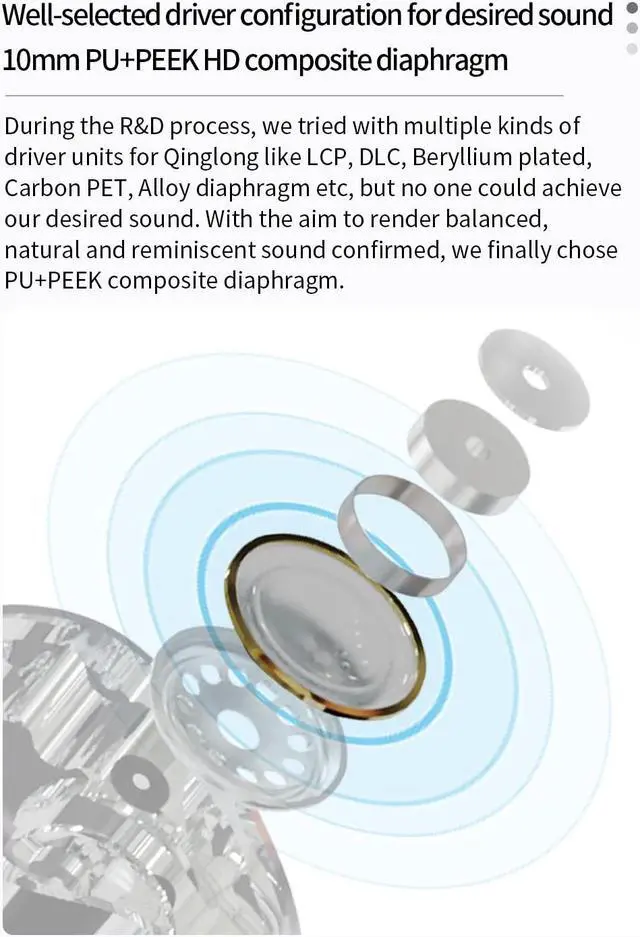 Alt view image 4 of 5 - KBEAR Qinglong in Ear Monitor Headphones,10mm HD Double-Layer Composite Diaphragm in-Ear HiFi Metal Earphones CNC Aluminum Alloy Mirror Faceplate, 2 Pin Detachable Cable (Without Mic, Silver)