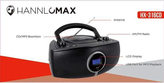 Alt view image 3 of 5 - HANNLOMAX HX-316CD CD/MP3 Boombox, AM/FM Radio, Digital Radio Frequency Display, Bluetooth, USB Port for MP3 Playback, LCD Display, Aux-in, AC/DC Power Source (Black)