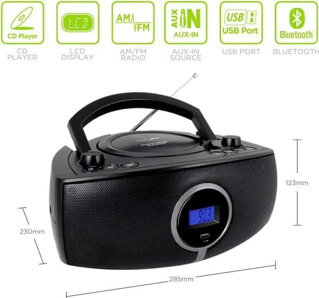 Alt view image 4 of 5 - HANNLOMAX HX-316CD CD/MP3 Boombox, AM/FM Radio, Digital Radio Frequency Display, Bluetooth, USB Port for MP3 Playback, LCD Display, Aux-in, AC/DC Power Source (Black)