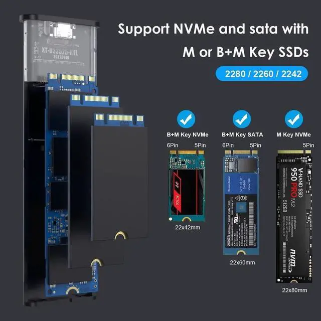 Alt view image 3 of 5 - chenyang USB 3.1 to M.2 NVME/SATA SSD Enclosure Reader,USB 3.1 Gen 2 10Gbps Tool Free Enclosure Adapter Support 2242/2260/2280mm with RTL9210B Chipset