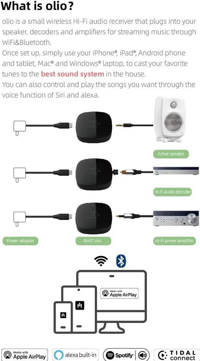Alt view image 2 of 5 - iEAST Olio AirPlay 2 Streaming Audio Receiver Adapter Works with Siri WiFi and Bluetooth Spotify&Tidal Connect Direct Multiroom Multizone Supporting 192khz/24bit Hi-Res Audio