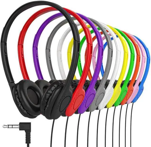 Main image of Maeline Kids Headphones for School Classroom K-12, Library, Museum, Travel, On Ear Stereo Headset with Adjustable Band & Faux Leather Cushions - 3.5mm Plug - 20 Pack - Multicolors