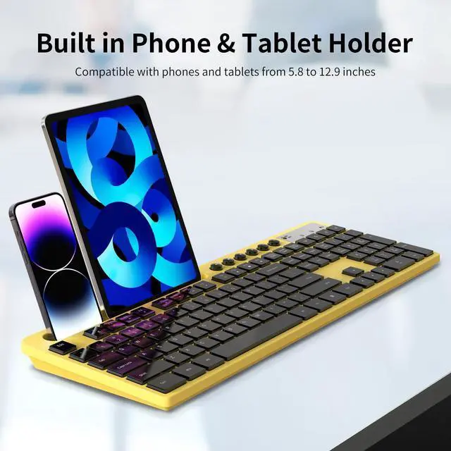Alt view image 3 of 5 - Wireless Keyboard and Mouse Combo, MARVO 2.4G Ergonomic Wireless Computer Keyboard with Phone Tablet Holder, Silent Mouse with 6 Button, Compatible with MacBook, Windows (Yellow)