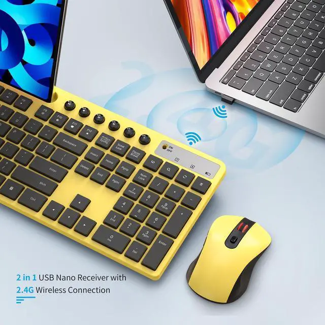 Alt view image 5 of 5 - Wireless Keyboard and Mouse Combo, MARVO 2.4G Ergonomic Wireless Computer Keyboard with Phone Tablet Holder, Silent Mouse with 6 Button, Compatible with MacBook, Windows (Yellow)