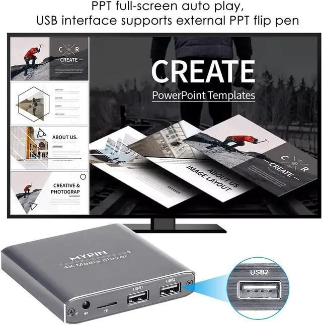Alt view image 5 of 5 - 4K Media Player with Remote Control, Digital MP4 Player for 8TB HDD/USB Drive/TF Card/H.265 MP4 PPT MKV AVI Support HDMI/AV/Optical Out and USB Mouse/Keyboard-HDMI up to 7.1 Surround Sound (Grey)