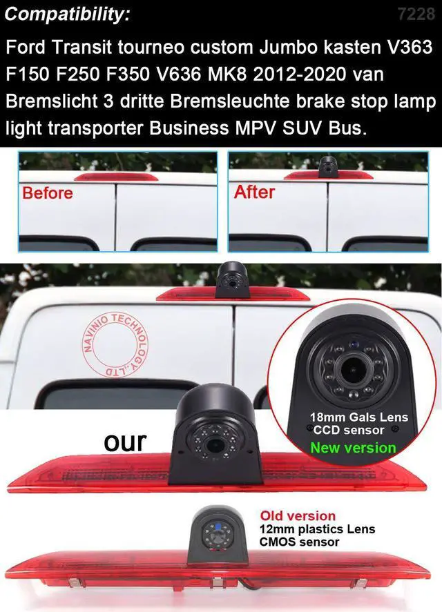 Alt view image 4 of 5 - Super HD 1280x720 Pixel 1000 TV Lines 3rd Brake Light Reversing car Camera Brake lamp Parking for Ford Transit Tourneo Custom Jumbo Kasten V363 F150 F250 F350 V636 MK8 2012-2020 Third MPV Waterproof