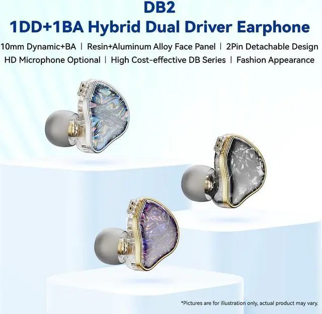 Alt view image 2 of 5 - NICEHCK DB2 IEM Earphones with Mic Music Control: Resin 1BA 1DD Hybrid in Ear Monitor Headphones with 2Pin Detachable Cable,3.5mm Wired Earbuds for Gaming/Audiophile/Musician (Blue)