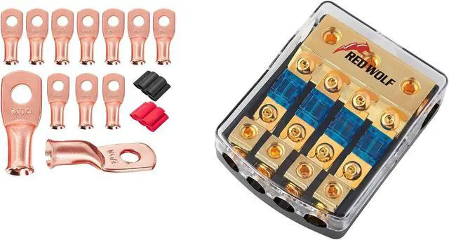 Main image of RED WOLF 4 Way ANL Fuse Holder + 6 AWG 1/4" Copper Wire Ring Terminals, Fuse 60A, 0/2/4 Gauge In 4/8 Gauge Out for Car Boat Trolling Motor Marine Audio Amplifier Stereo Video System 12V