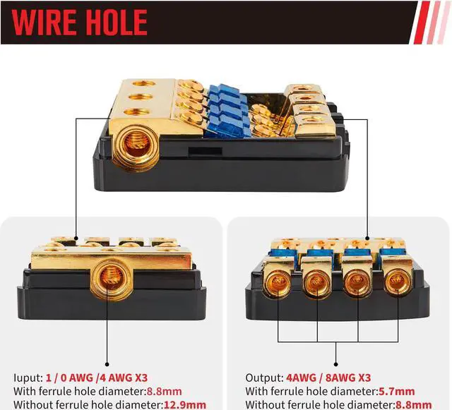 Alt view image 2 of 5 - RED WOLF 4 Way ANL Fuse Holder + 6 AWG 1/4" Copper Wire Ring Terminals, Fuse 60A, 0/2/4 Gauge In 4/8 Gauge Out for Car Boat Trolling Motor Marine Audio Amplifier Stereo Video System 12V