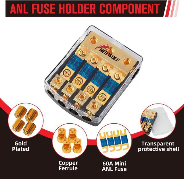 Alt view image 4 of 5 - RED WOLF 4 Way ANL Fuse Holder + 6 AWG 1/4" Copper Wire Ring Terminals, Fuse 60A, 0/2/4 Gauge In 4/8 Gauge Out for Car Boat Trolling Motor Marine Audio Amplifier Stereo Video System 12V