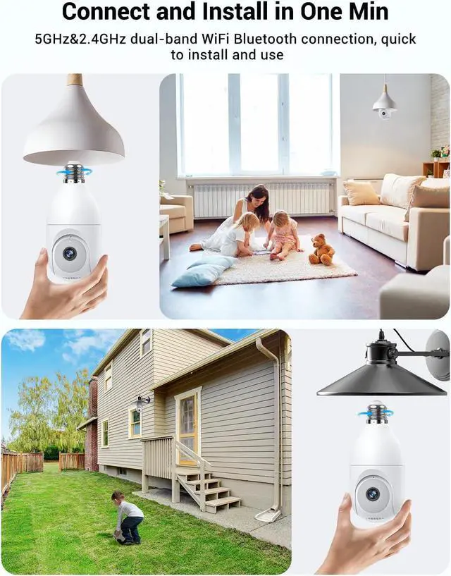 Alt view image 3 of 5 - Light Bulb Security Camera Wireless Outdoor Indoor, 5G&2.4G WiFi Security Cameras with Patrol Function, AI Human Detection, Motion Tracking, Two-Way Talk, Color Night Vision, Alarm, 24/7 Recording