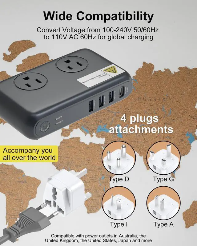 Alt view image 3 of 5 - 220V to 110V Voltager Converter, 230W Universal Travel Adapter with 4 USB Ports, 2 Outlets and EU/US/UK/AU/in Plug Power Converter Adapter Combo, Step Down Converter for Curling Iron,Gray