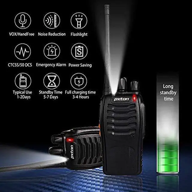 Alt view image 2 of 5 - pxton Walkie Talkies Rechargeable Long Range Two-Way Radios with Earpieces,2-Way Radios UHF Handheld Transceiver Walky Talky with Flashlight Li-ion Battery and Charger(2 Pack)