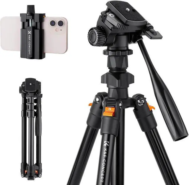 Main image of K&F Concept 70 inch/177cm Video Tripod,Lightweight Travel Tripod with 3-Way Swivel Pan Tilt Head Load 3kg/6.6 lbs, Phone Holder Smartphone Clip Quick Release Plate, for Phone DSLR Camera O234A0+BV02