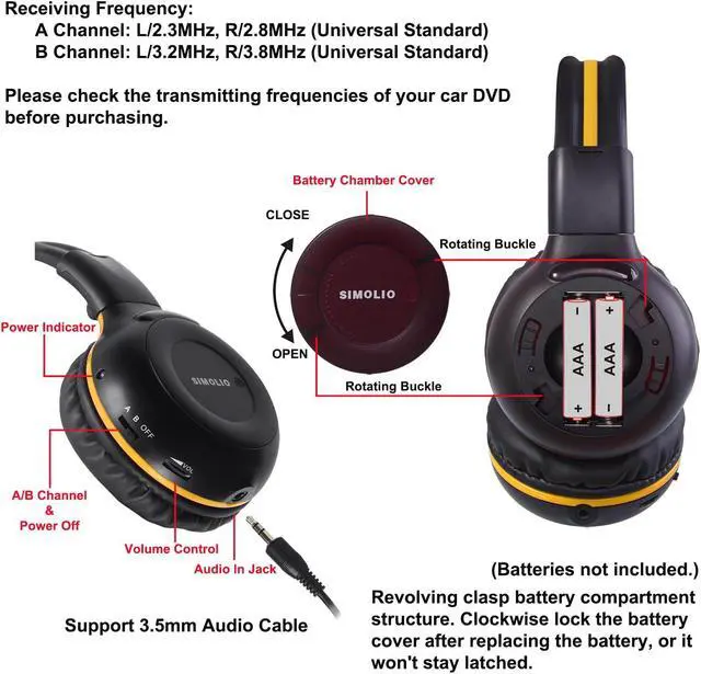Alt view image 3 of 5 - SIMOLIO 3 Pack Wireless IR Headphones for Honda & Odyssey, CR-V, Accord, Pilot, Ridgeline, RDX, MDX, with Carrying Cases/AUX Cord, Share Port, 2 Channel Folding IR Car DVD Replacement Headsets