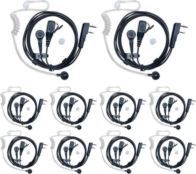 Main image of SHON Walkie Talkie Ear Pieces with Mic - 2PIN Acoustic Tube Earpiece for Crystal Clear Sound, Two-Way Radio Compatible with Kenwood Baofeng and Retevis,Police Law Enforcement (10 Sets/Black)