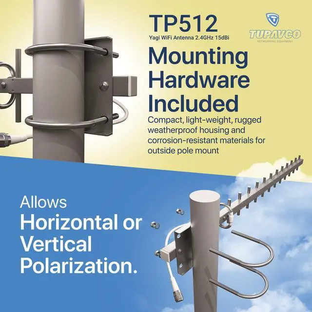 Alt view image 3 of 5 - Yagi WiFi Antenna 2.4GHz (15dBi) Outdoor Directional Signal (H:30° V:25°) Long Distance Range (High-Gain Weatherproof) Wireless Network (Pole Mount) N-Female Pigtail Connector Tupavco TP512