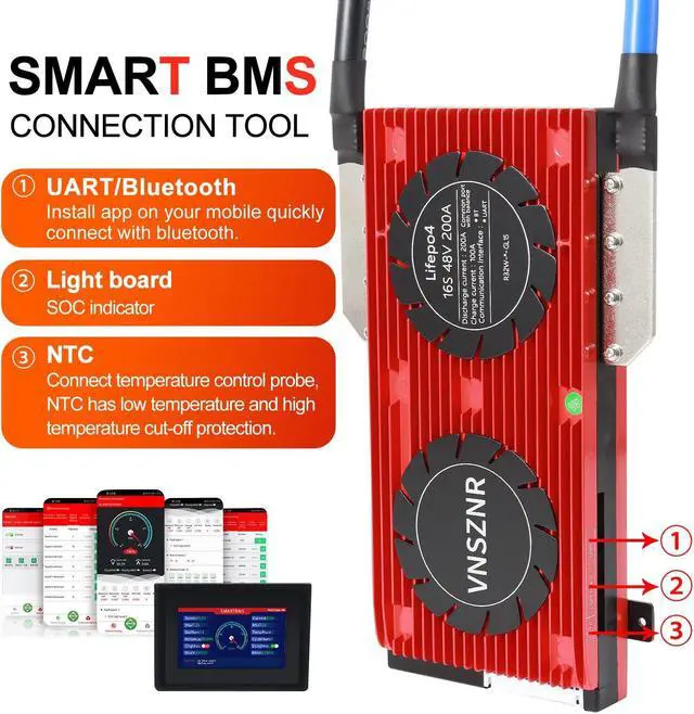 Alt view image 3 of 5 - VNSZNR LiFePO4 BMS 48V 16S 200A Smart PCB Battery Protection Board Battery Management System with Balance Leads Wires and Wireless Module for Lithium Iron Phosphate