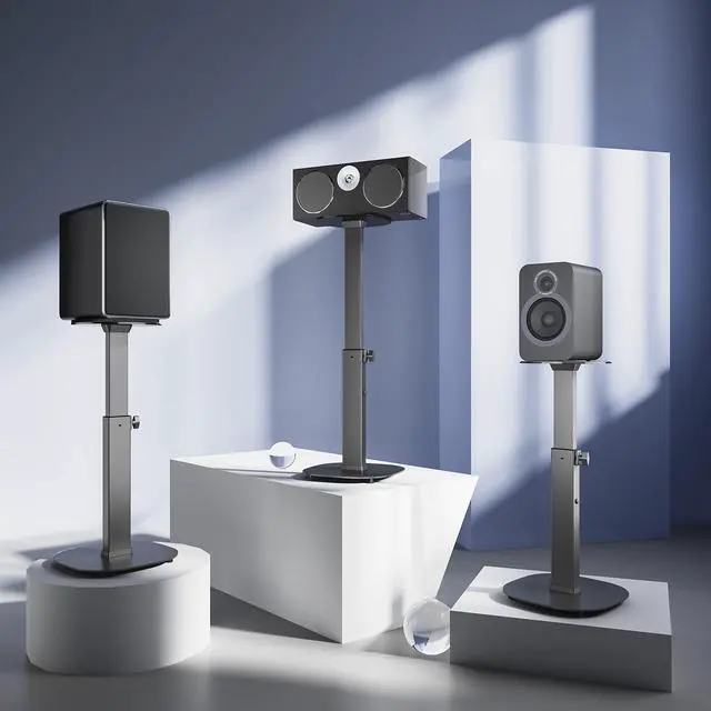 Alt view image 2 of 5 - WALI Universal Speaker Stands, Surround Sound Speaker Stands for Satellite & Bookshelf Speakers Up to 22lbs, Height Adjustable with Built-in Cable Management, 1 Pair (SFS001), Black