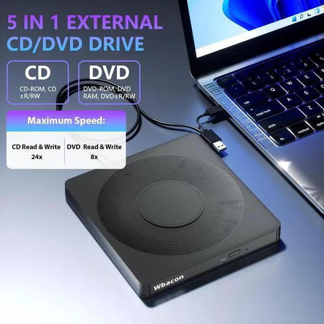 Alt view image 3 of 5 - 5 in 1 External DVD Player For Laptop with LightScribe DVD Burner CD Rom External CD/DVD Drive For PC Usb 3.0 External DVD Drive, DVD Reader Disc Player Fit for Windows XP/7/8/10/11 Mac Laptop Desktop