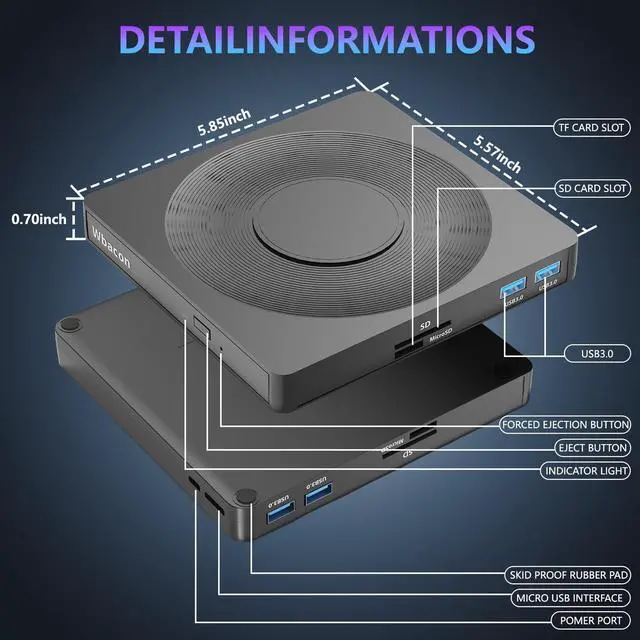 Alt view image 5 of 5 - 5 in 1 External DVD Player For Laptop with LightScribe DVD Burner CD Rom External CD/DVD Drive For PC Usb 3.0 External DVD Drive, DVD Reader Disc Player Fit for Windows XP/7/8/10/11 Mac Laptop Desktop