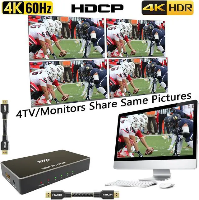 Alt view image 2 of 5 - KAGO HDMI Splitter - 1 in 4 Out TV Splitters Premium Quality High Resolutions Support HDMI 2.0, HDCP 2.2, 18 Gbps 4K@60Hz 2k@120Hz 36-Bit Deep Color UltraHD,Plug&Play