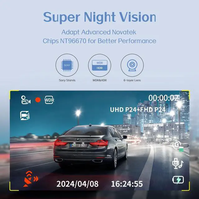 Alt view image 3 of 5 - Zunfly Dash Cam Front and Rear, 4K+1080P, Built-in GPS and WiFi APP Control with Free 64GB SD Card, 2.0 IPS Screen, Night Vision, 170°Wide Angle, WDR, Parking Mode